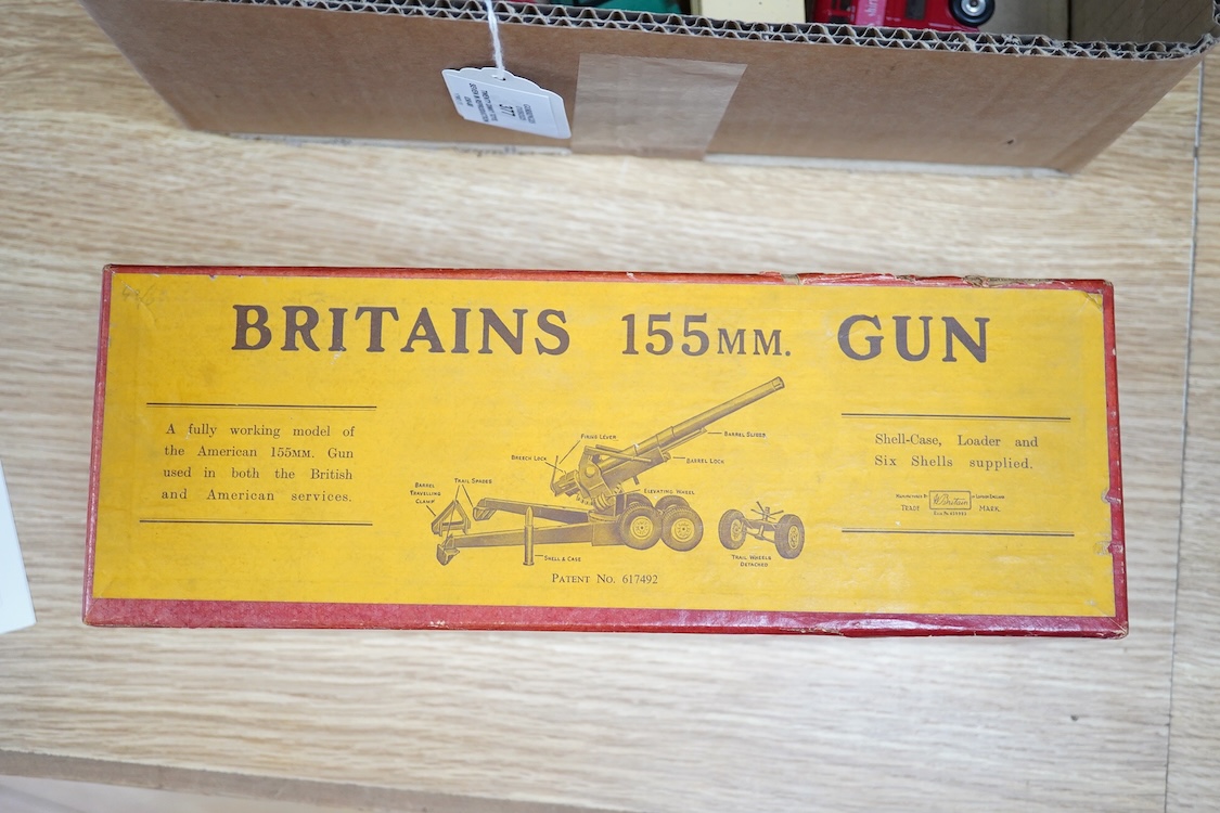 Three boxed Britains military field guns; a 4.7” Naval Gun, mounted for field service (No.1264), an 18” Howitzer (No.2107), and a 155mm Gun (No.2064), all with some accessories and shells missing